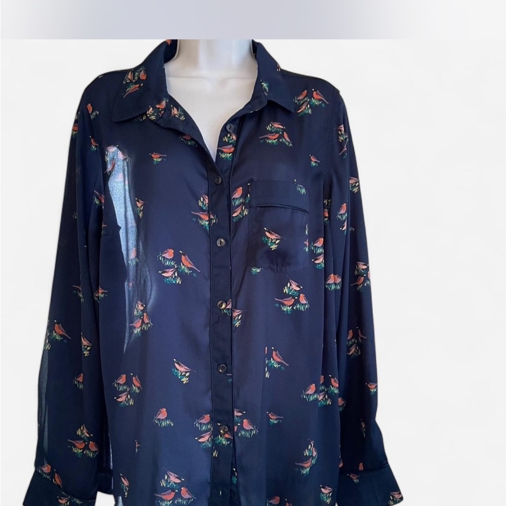 Liz Claiborne Navy Blue Floral with birds Button Down Shirt